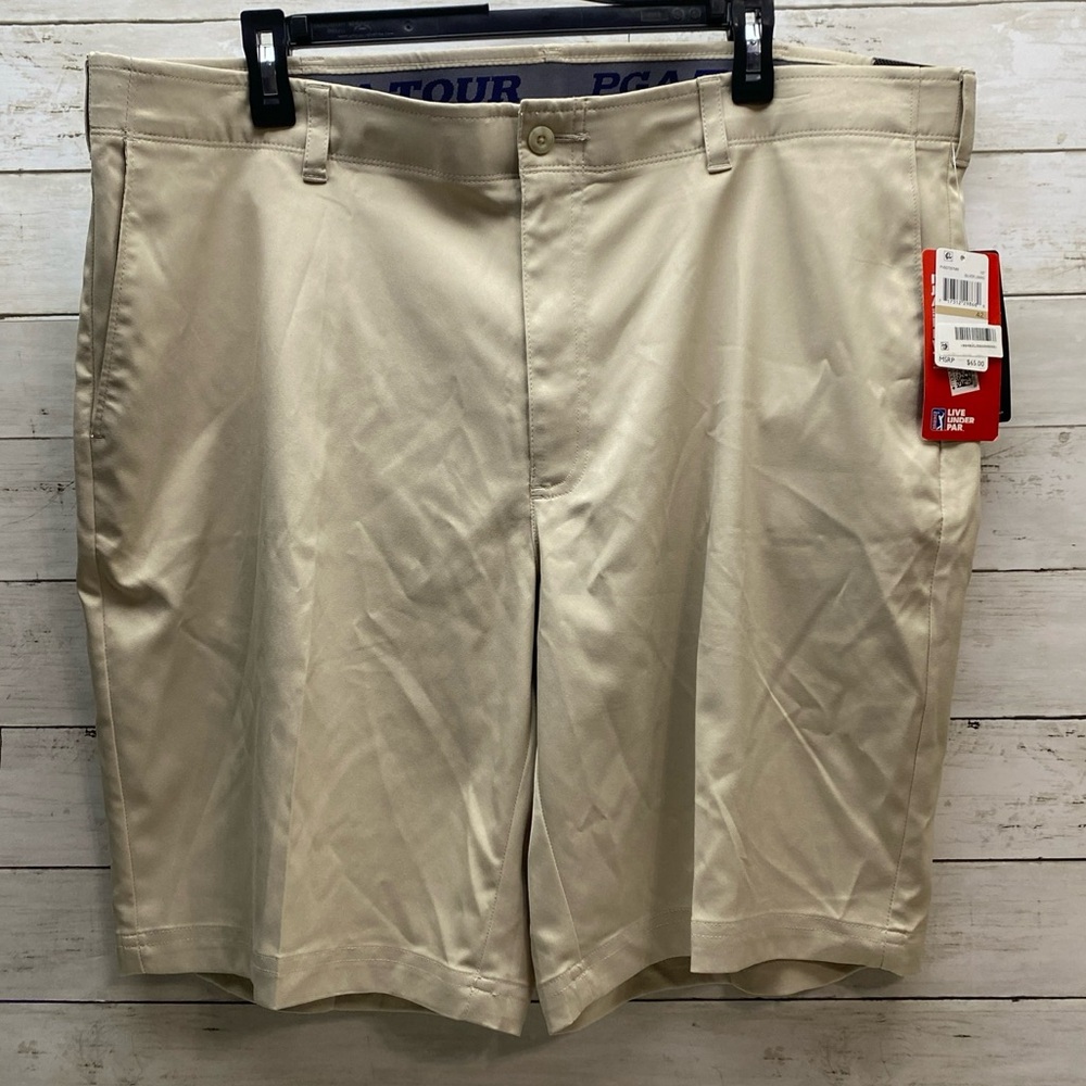 PGA Tour Men's Stretch Flat-Front Golf Shorts Silver Lining Beige 42 PVBS7087MM